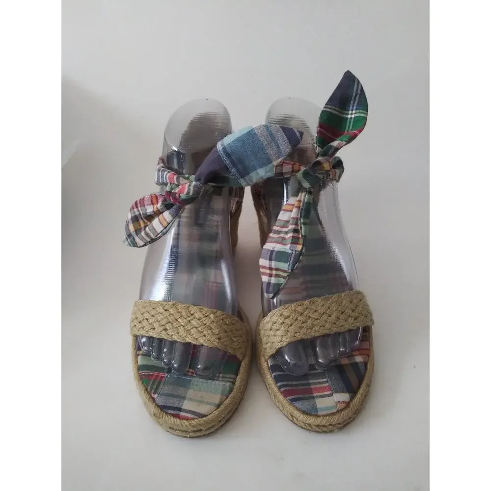 Tommy Hilfiger Plaid Tie Espadrilles Wedge Sandals Y2K Size 7